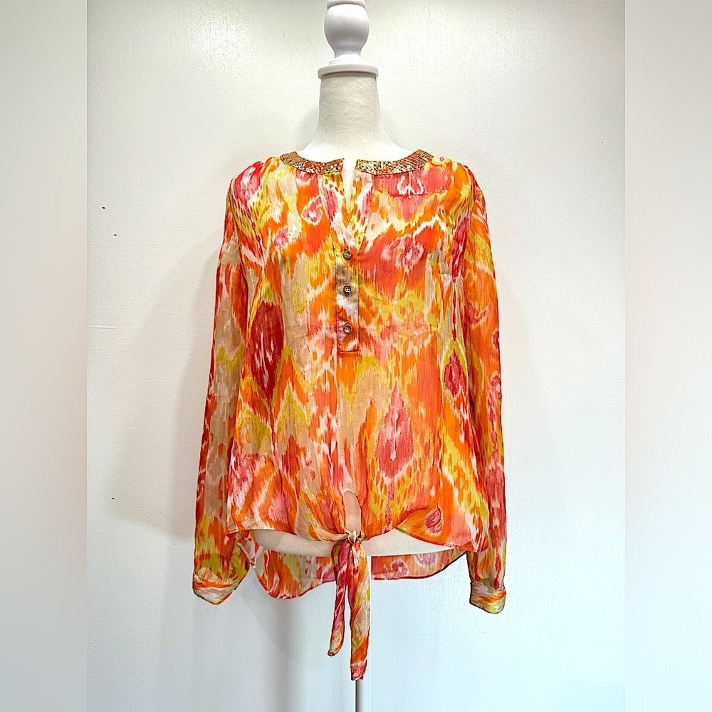 Chico’s Orange Red Chartreuse & Ivory Sheer Knot Front Top w Sequined Neckline